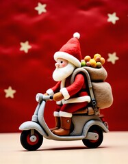 Santa Claus rides a motorcycle on a red background.