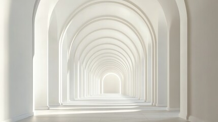 A long white hallway with a series of arches leading to a bright light at the end.