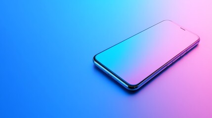 A black smartphone with a pink and blue screen on a pink and blue background.