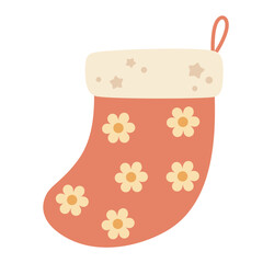 Retro groovy Christmas sock clipart. Christmas clipart. Cute festive object. Hand drawn vector illustration in flat style