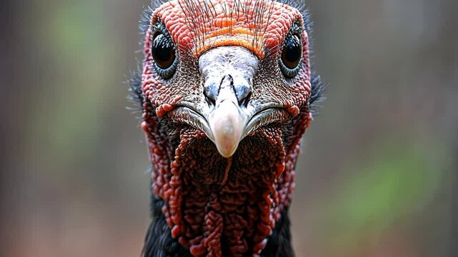 A wild turkey stares directly at the camera in the forest