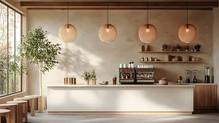 A detailed photography of a coffee shop's minimalist interior design, with sleek wooden tables, hanging light fixtures, and a freshly brewed espresso placed front and center on a marble countertop.