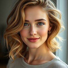 Fototapeta premium A beautiful European girl with soft curly hair wearing a simple outfit