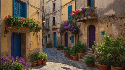 Naklejka premium Picturesque Italian Alley with Colorful Doors and Flowering Plants