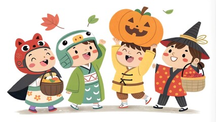 Cheerful children celebrating Halloween with costumes and pumpkins, playful atmosphere