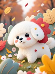 Immersion in autumn: A white puppy with expressive eyes charms everyone around with his pranks.
