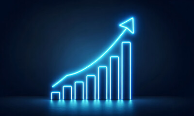 Neon-Licht , blau, beleuchteter Pfeil nach oben, Aufstig, Business, copy space, mit Balken