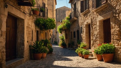 Picturesque Sicilian Village Street with Stone Buildings and Plants