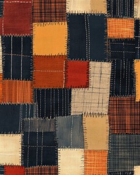 A seamless pattern with recycled fabric textures, featuring stitched-together patches of different materials like cotton and linen, creating a patchwork design perfect for eco-friendly clothing