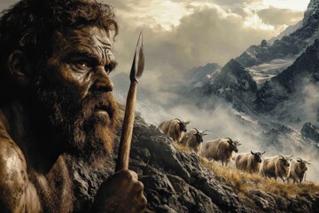 A rugged primitive man clutches a spear while observing goats on a rocky hillside, embodying ancient survival instincts and human resilience in the wild.