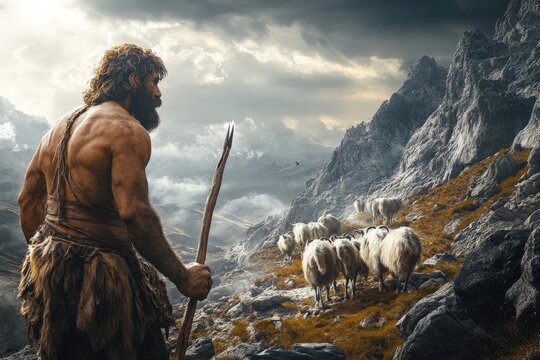A prehistoric hunter carrying a spear stands on rocky terrain, closely watching a herd of goats, symbolizing the ancient bond between humans and nature.