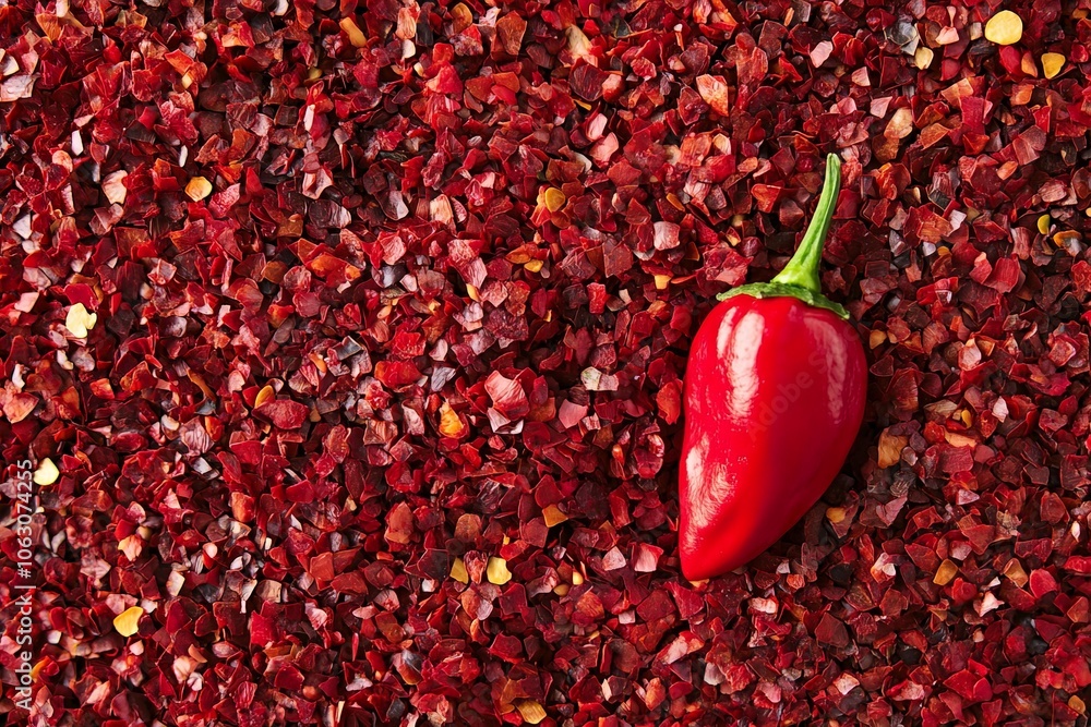 Poster a single red pepper sits on a textured bed of crushed chilies, highlighting the vibrant red color an