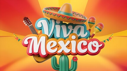 A vibrant illustration featuring a sombrero, maracas, guitar, and cactus with the text "Viva Mexico." AI generated.