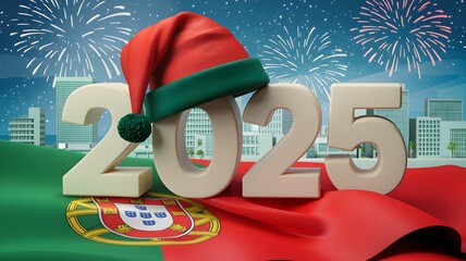 Festive 2025 composition with Portuguese flag elements, Santa hat, golden ornaments, and fireworks display over city skyline background. Perfect for holiday greetings and celebrations. AI generated.
