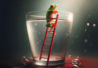 Ein Frosch klettert auf einer Leiter aus einem Glas, Wettervorhersage, copy space, Wetterfrosch