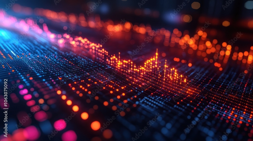 Poster abstract digital landscape with vibrant data visualization.