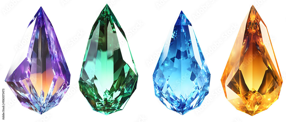 Poster a set of multi-colored, faceted crystals in the form of a drop. crystal design element for decor. gr