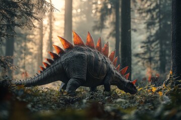 Majestic stegosaurus with brightly glowing spines, moving through a dense, mysterious forest at...