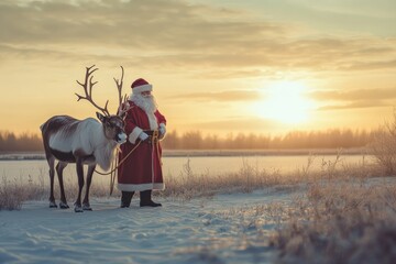 Santa Claus guides his reindeer across a snowy field as the sun rises, symbolizing hope, new beginnings, and the wonder of the holiday season.