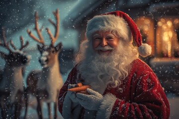 Santa smiles among his reindeer during a snowy festive evening, holding a carrot and surrounded by a warm glow from the holiday lights.