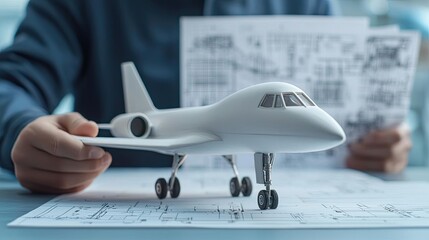 An aerospace engineer working on a scaled model of a jet, with technical plans in the background, symbolizing the future of flight