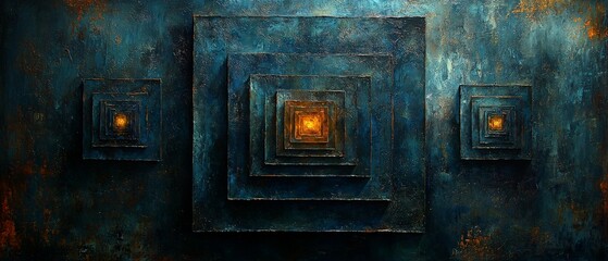 Abstract artwork featuring layered squares with glowing centers, evoking depth and intrigue.