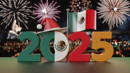Festive New Year 2025 banner with Mexican flag and fireworks. AI generated.