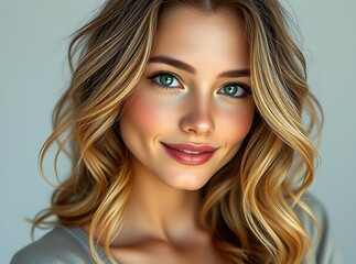 Fototapeta premium A beautiful European girl with soft curly hair wearing a simple outfit