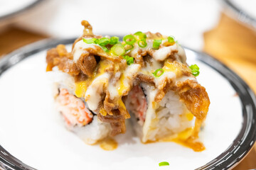 sushi with beef topping. sushi topping with sauce,delicious japanese food
