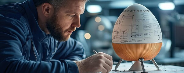 A scientist meticulously designing a model rocket with technical diagrams, showcasing creativity and engineering expertise in a dimly lit workshop.