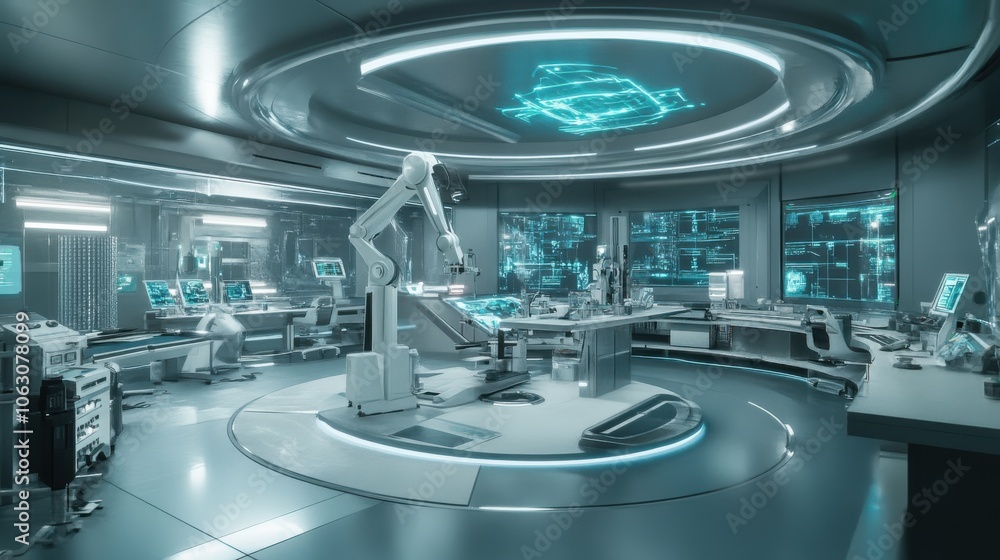 Poster a high-tech laboratory of the future, featuring advanced robotics