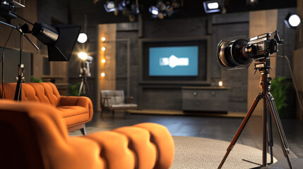 Modern studio setup featuring cameras and an orange chair ready for a creative video shoot in a well-lit environment