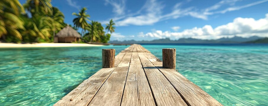 A serene wooden pier extending into crystal clear turquoise waters, surrounded by lush palm trees and a bright blue sky. Tropical paradise setting.