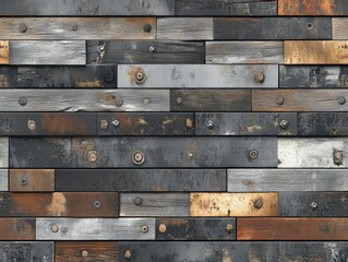 A textured seamless pattern with upcycled wood planks and reclaimed metal elements, creating a rugged, industrial feel ideal for product packaging, home decor, or rustic design projects