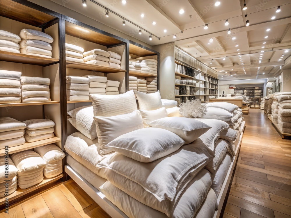 Poster Elegant Display of White Bedding Set on Store Shelf Featuring Luxurious Pillows and Blankets for Sale in a Cozy Retail Environment with Soft Lighting and Long Exposure Effect