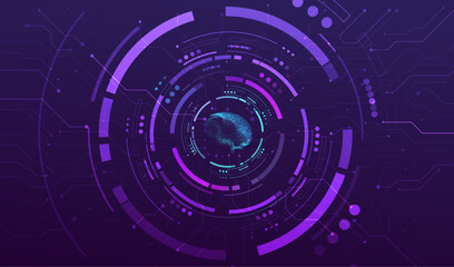 Ai circuit graph with brain. Artificial intelligence connection technology design. AI screen on circle board background. Futuristic big data analysis vector concept.