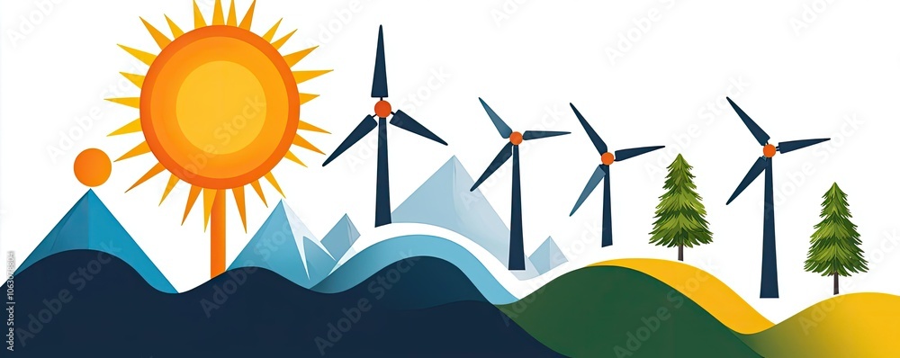 Wall mural A vibrant landscape featuring mountains, wind turbines, and a bright sun representing renewable energy and nature's harmony.