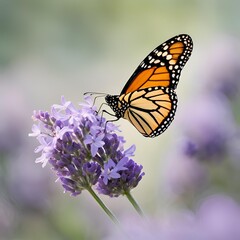Fototapeta premium Profile of Monarch Butterfly on Flower with Soft Lavender and Pale Green Blurred Background