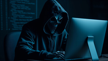 a man in a hood sits at a computer with a blue background.
