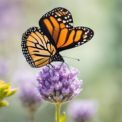 Obraz premium Profile of Monarch Butterfly on Flower with Soft Lavender and Pale Green Blurred Background