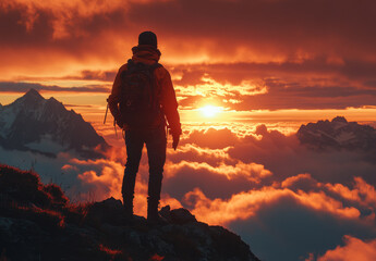 Fototapeta premium Hiker watches sunset over cloud-covered mountains. A lone hiker stands on a rocky peak, admiring the stunning sunset illuminating the clouds and mountains.