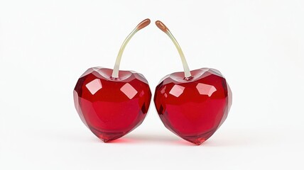 Ruby red crystal cherry duo, each cherry perfectly smooth and reflective, on a crystal stem, crystal cherry pair