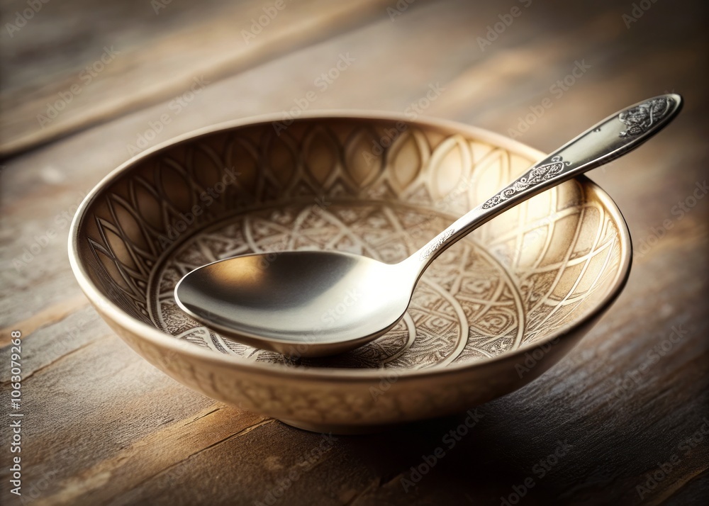 Poster elegant metal spoon with an oval bowl and intricate patterned handle resting on a soft light surface