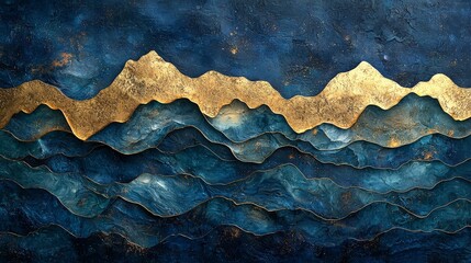 Abstract artwork featuring textured waves in blue and gold tones, evoking a serene landscape.