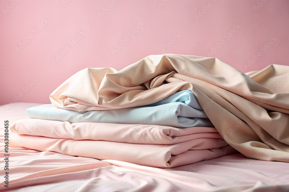 Poster elegant stack of clean bed sheets on soft pink background with space for text - perfect for home dec