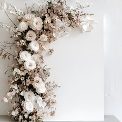 White and Beige Floral Garland on White Wall.