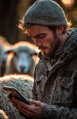 Fototapeta premium Man with smartphone herding sheep at dawn. A young man checks his smartphone while herding sheep in a peaceful dawn setting surrounded by nature.