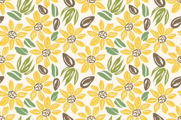 Sunflower seamless pattern design with beautiful flower and leaves. Flower art. floral and leaf pattern design for fabric, cotton, wallpaper, satin, gift wrap, carpet, background.
