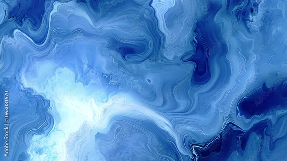 Poster Abstract digital animation in cool blues with fluid, layered, undulating forms. Smooth transitions of shades add depth to the composition