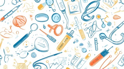 Hand-Drawn Medical Instruments and Symbols on a White Background
